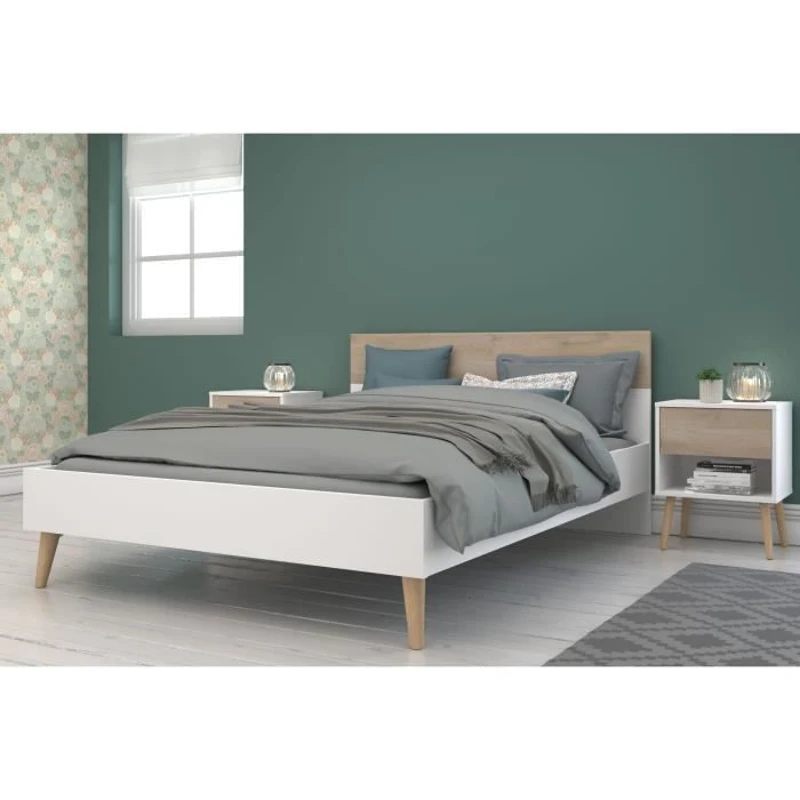 Ensemble Lit 140 x 190 cm + 2 chevets - AALBORG - Scandinave - Blanc / Chene - PARISOT