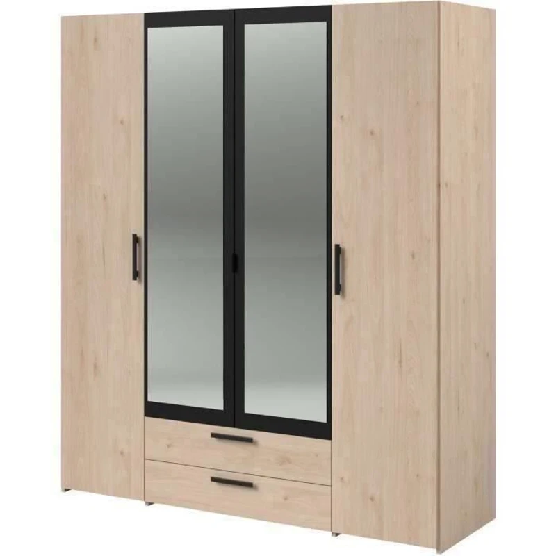 Armoire VARIA - 4 portes battantes + 2 miroirs + 2 tiroirs - Décor chene et noir - L160 x H 185 x P 51.7 cm