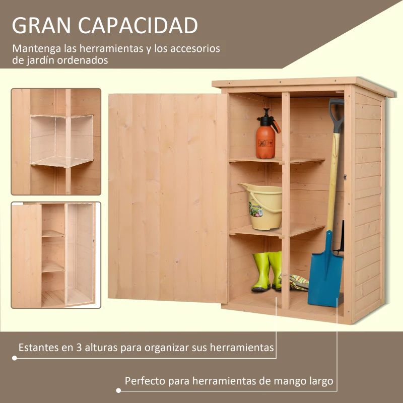 Outsunny Armario de Jardín de Madera para Exterior para Herramientas con 2 Estantes Techo Asfáltico 75x56x115cm Natural