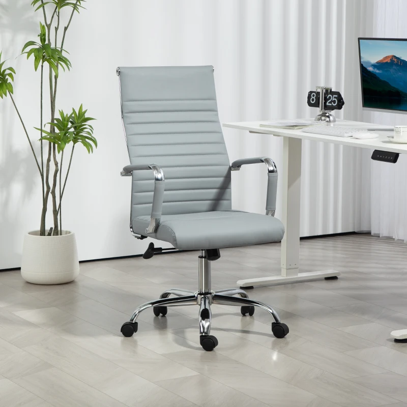 Vinsetto Bureaustoel, Draaistoel met Kantelfunctie, Hoogte Verstelbaar, Kunstleer, Tot 120 kg, Lichtgrijs