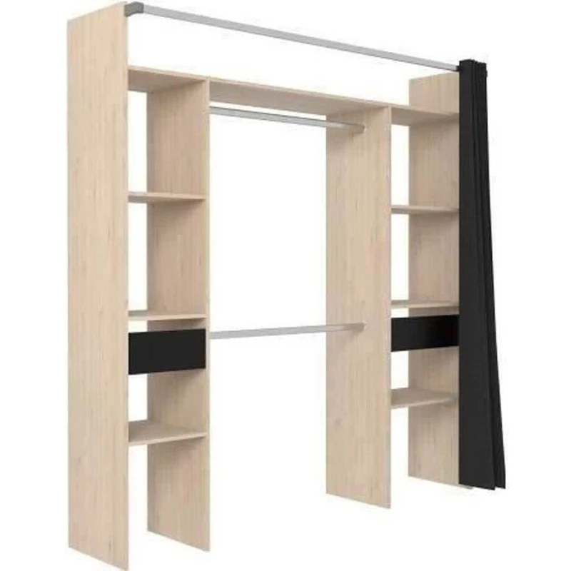 Dressing ARTIC avec rideau - L 198 x H 203 cm  - 2 colonnes + 2 penderies + 2 tiroirs - Chene Jackson et noir