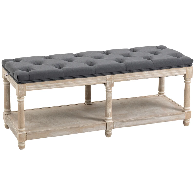 HOMCOM Sitzbank mit Stauraum, Vintage-Design, Knopfheftung, Kautschukbaumholz, 115x40x48cm, Grau