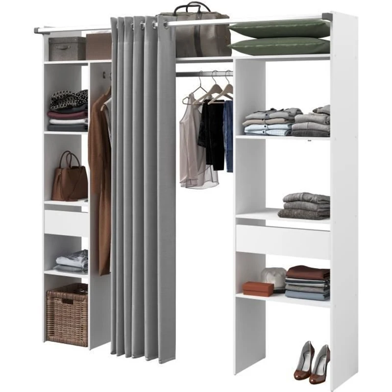 Kit dressing ARTIC avec rideau - Décor Blanc - 2 colonnes + 2 penderies + 2 tiroirs - L 198 x P 40 x H 203 cm - EKIPA