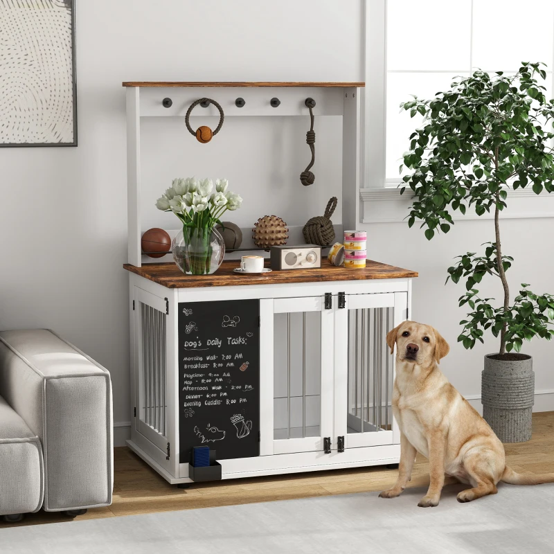 PawHut Hondenkooi met opbergplank voor speelgoed, haken voor lijnen, Krijtbord, Gum, voor grote honden, Wit(m-10)