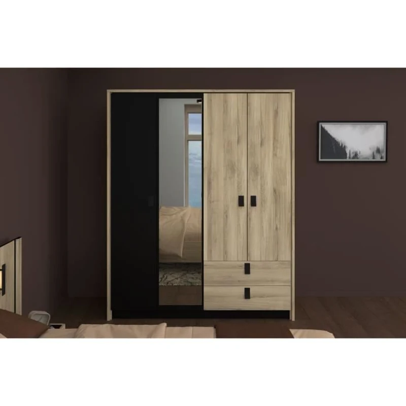 Armoire - Chene / Noir - 4 portes 2 tiroirs - 162 x 52,1 x 199,2 cm - PARISOT