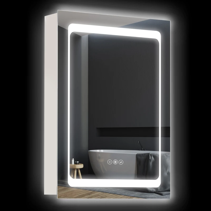 kleankin LED Illuminated Bathroom Mirror Cabinet with LED Lights, Wall-mounted Storage Organizer with Shelves, Touch Switch For Makeup Cosmetic