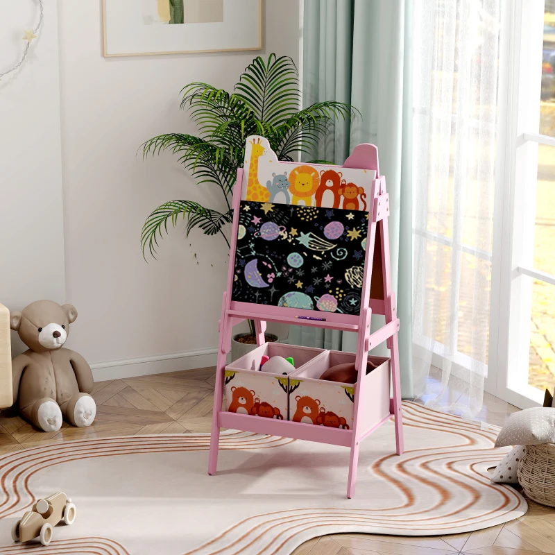 AIYAPLAY 2-in-1 Kinder Tekenezel met Whiteboard, Krijtbord en Opbergdozen, voor Kinderen van 3-8 Jaar, Roze