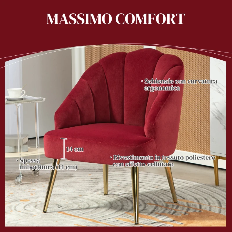 HOMCOM Poltrona in Velluto a Conchiglia Stile Art Deco per Camera e Soggiorno, Acciaio, 63x65x84 cm, Rosso