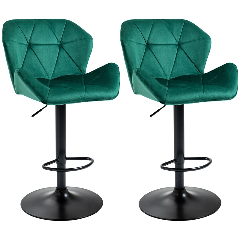 IE Located HOMCOM Velvet-Touch Bar Stools Set of 2 Fabric Adjustable Height Armless Counter Chairs with Swivel Seat, Green