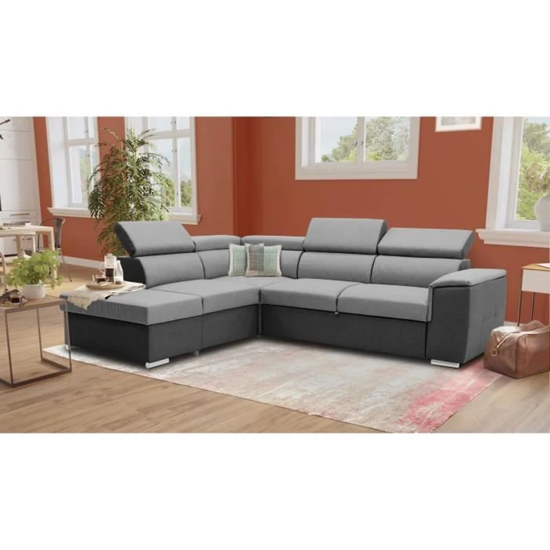 Canapé d'angle convertible réversible avec coffre - 5 places - DAYTONA - Tissu gris et anthracite - 260 x 77 / 94 x 216 cm