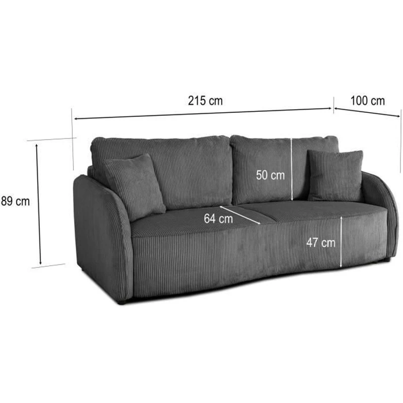 Canapé convertible 3 places - BARI - Velours cotelé - Anthracite - Coffre de rangement - 215 x 89 x 100 cm