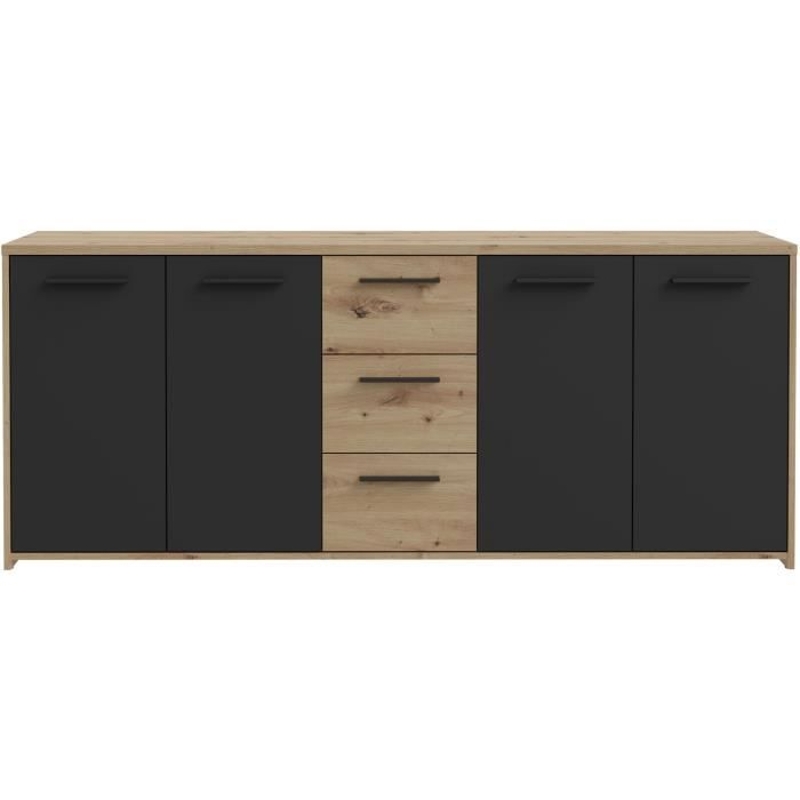 Buffet PILVI - Style contemporain - Particules mélaminé -Décor Chene artisan et Noir- 4 portes + 3 tiroirs - L179,2 x P42 x H74,5