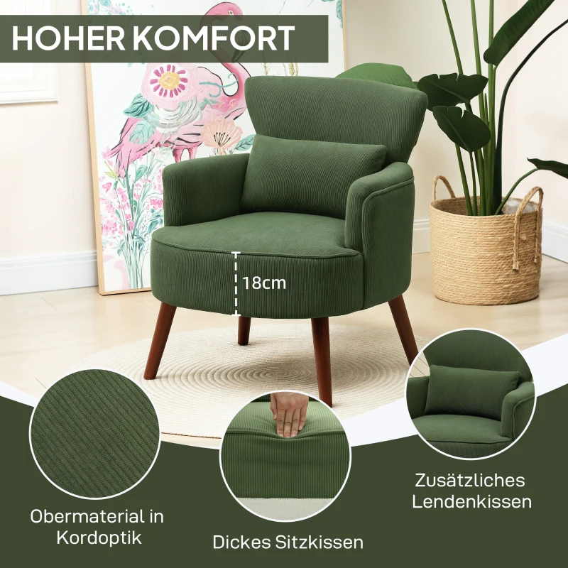 HOMCOM Nowoczesny fotel z podłokietnikami, tapicerowany fotel akcentowy z poduszką lędźwiową, Zielony