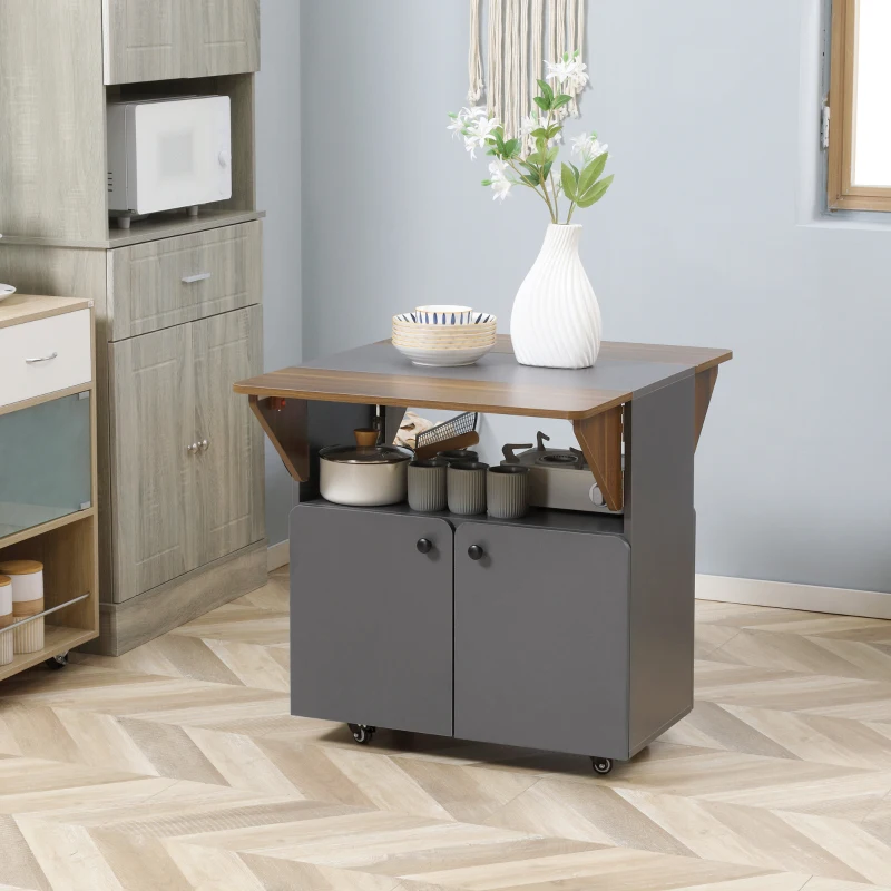 HOMCOM Klaptafel Rollenkast, twee klapbare tafelzijden, kastvak, 4 wielen, Lichtgrijs + Donkerbruin, 70 x 83 x 75cm