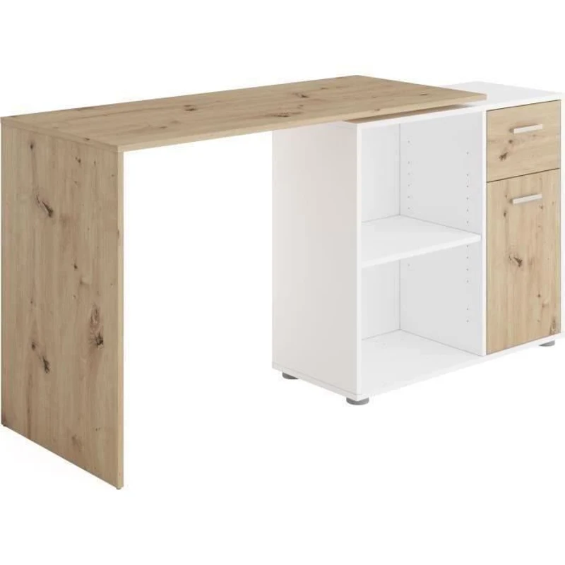 Bureau d'angle avec rangements Albrecht - Mélaminé chene et blanc - L83 x H74 x P117 cm