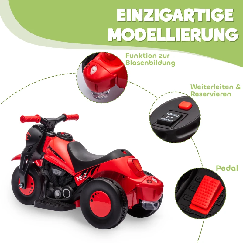 AIYAPLAY Kinder Elektro-Motorfiets, 6V Kindermotorfiets met Muziek, Bellen 2,5-3 km/u, voor 2-5 Jaar Kinderen