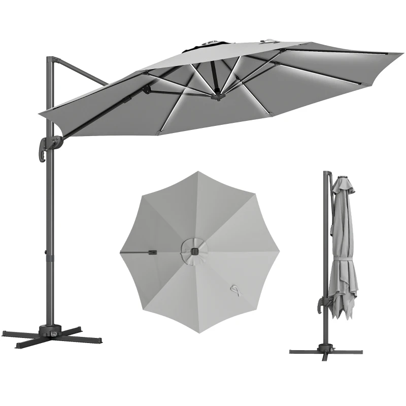 Outsunny 3(m) Adjustable Cantilever Parasol with Base, Solar LED Lights, Light Grey