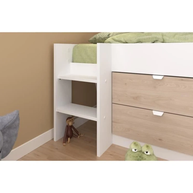 PARISOT SLIDE - Lit toboggan enfant - Décor Blanc et Chene Jackson - Sommier inclus - 90 x 200 cm