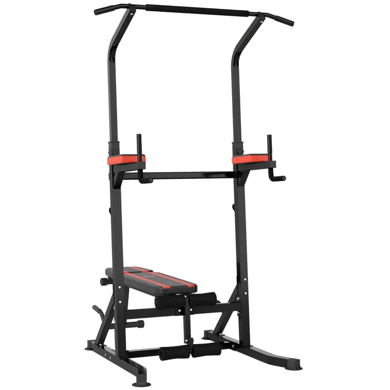HOMCOM Power Tower Pieghevole, Stazione Fitness Multifunzione Regolabile in 7 Posizioni con Sbarra Trazioni, Dip Station, Pull UP Station e Panca Piana in Acciaio, per Home Gym Casa, Portata 150kg