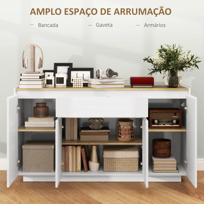 HOMCOM Aparador de Sala de Estar com 4 Portas Gaveta e Prateleiras Ajustáveis 140x40x75 cm Madeira e Branco Brilhante