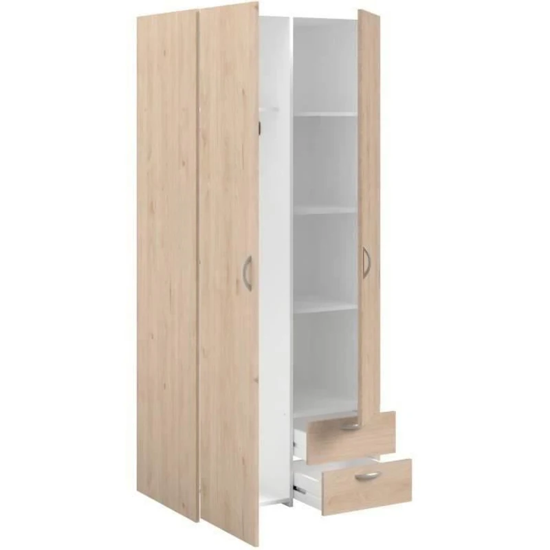 Armoire VARIA - Décor chene et blanc - 2 portes - 2 tiroirs - 80,7 x 185 x 51,3