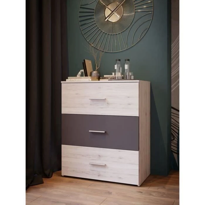 Commode - ADRIA - 3 tiroirs - Chene cendré / Gris uni - L75x P41 x 90 cm