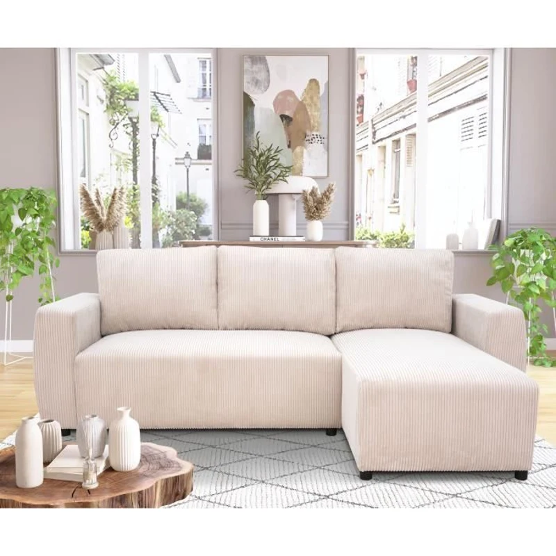 Canapé d'angle convertible réversible 3-4 places PHARELL - Velours côtelé beige - Coffre de rangement - L 230x P 155 x H 95 cm