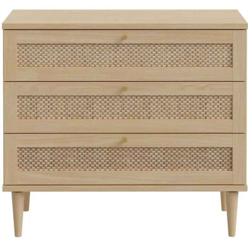 Commode - 3 tiroirs - Décor Chene- Cannage - L90,4 x P41,4 x H80 cm - CALASETTA