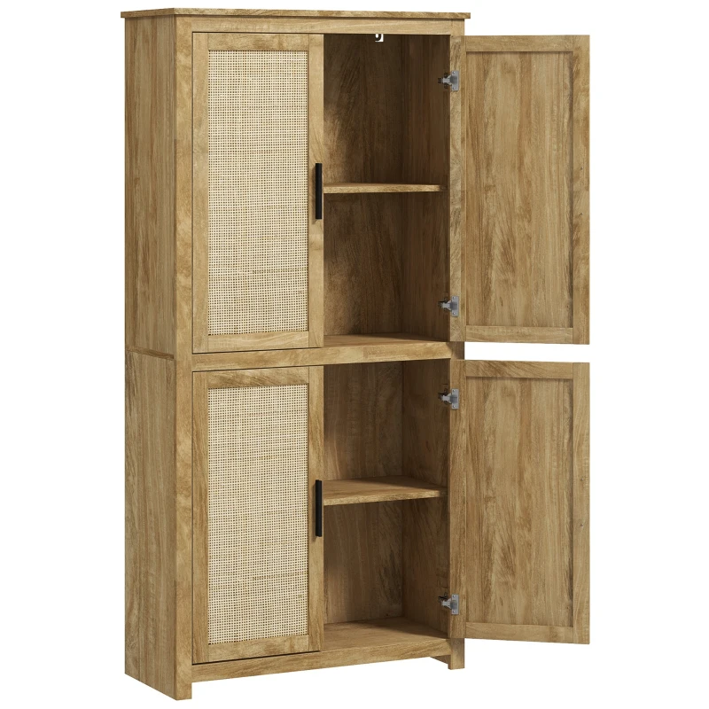 HOMCOM Alacena de Cocina con 4 Puertas de Ratán y Estantes Ajustables Estilo Bohemio Natural 80x33x162,6 cm