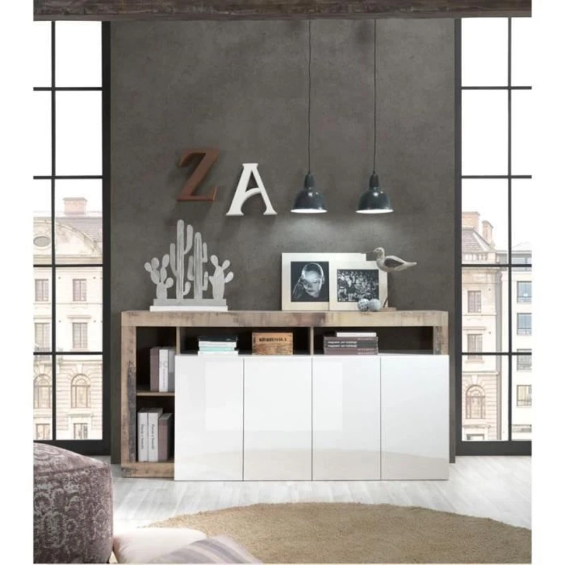 Buffet MAESTRO - Panneaux de particules - Effet Bois Vintage et blanc Laqué - 4 portes - L 184 x P 42 x H 93 cm
