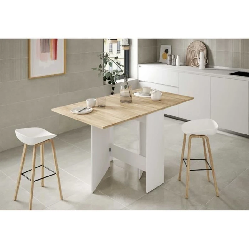 Table de cuisine rabattable FLY - Mélaminé blanc artik et chene - L 31/140 x P 77 x H 78 cm