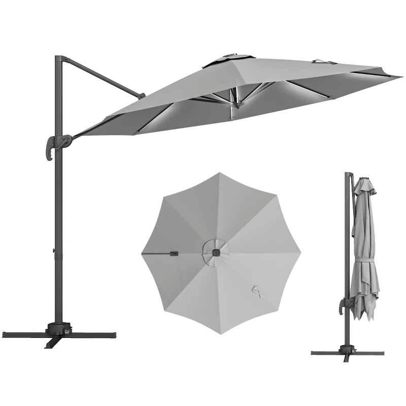 Outsunny 3(m) Adjustable Cantilever Parasol with Base, Solar LED Lights, Light Grey
