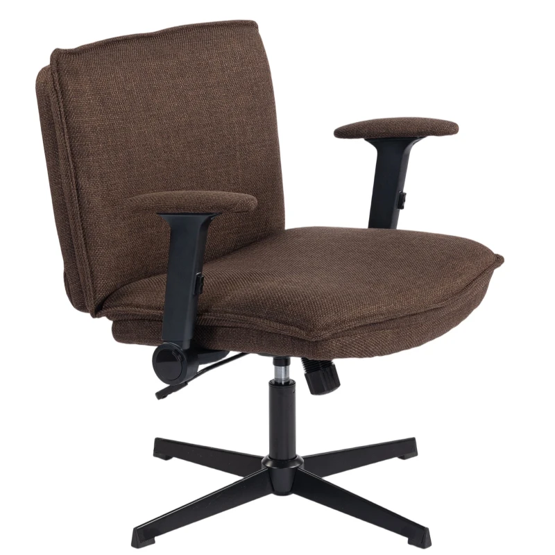HOMCOM Chaise de Bureau Jambes Croisées avec Accoudoirs Rabattables Siège Large sans Roulettes Hauteur Ajustable Pivotante Marron