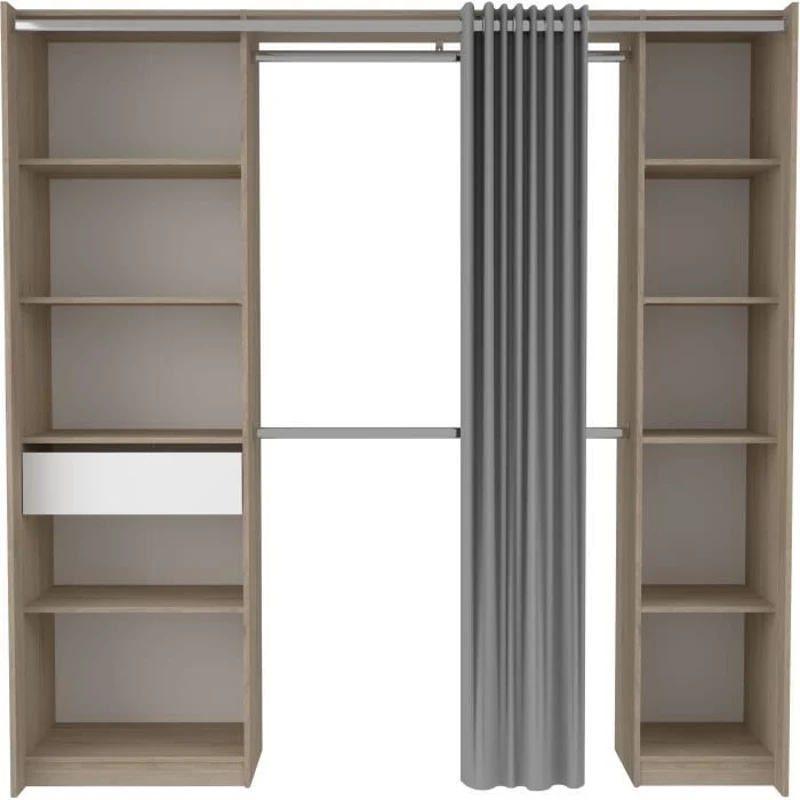 EKIPA - Kit Dressing - 2 Colonnes - 1 tiroirs - 10 étageres - Décor Chene dakota blanc - 198 x 200,3 x 50 cm - GARANCE