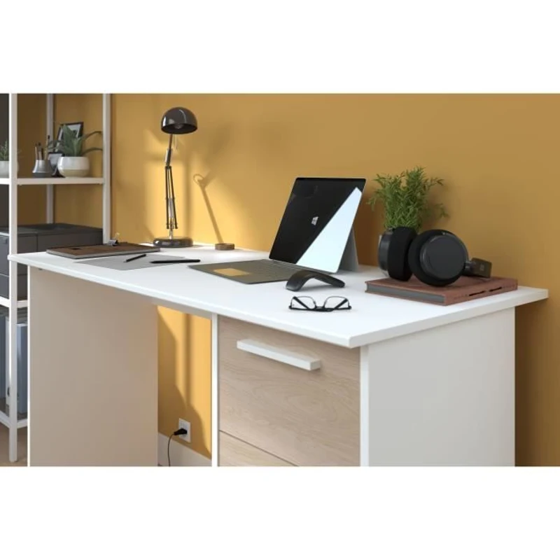 Bureau droit ESSENTIEL - 3 tiroirs - Décor chene et blanc - L 121,2 x P 55 x H 74,5 cm - PARISOT