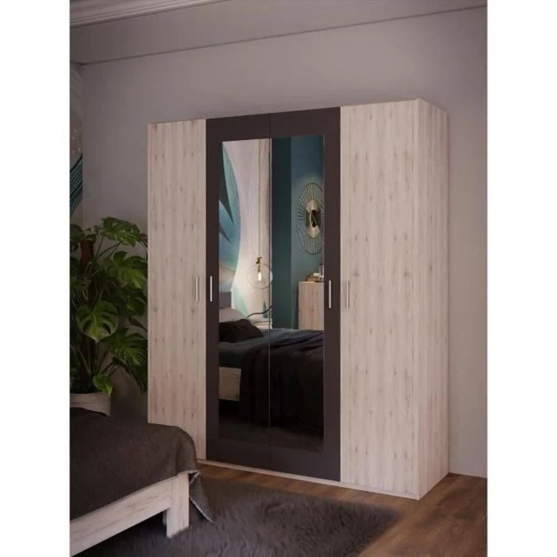 Armoire de chambre - ADRIA - Décor Chene cendré / Gris foncé - 4 portes battantes - 2 miroirs - L177,5 x P54,2 x H210,5 cm
