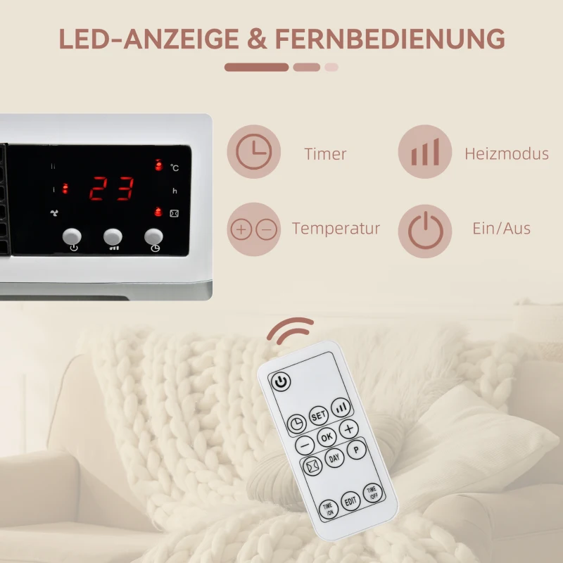 HOMCOM Wandverwarmingsventilator 2000W met Afstandsbediening 2 Verwarmingsmodus LED-display 12u Timer voor Badkamer