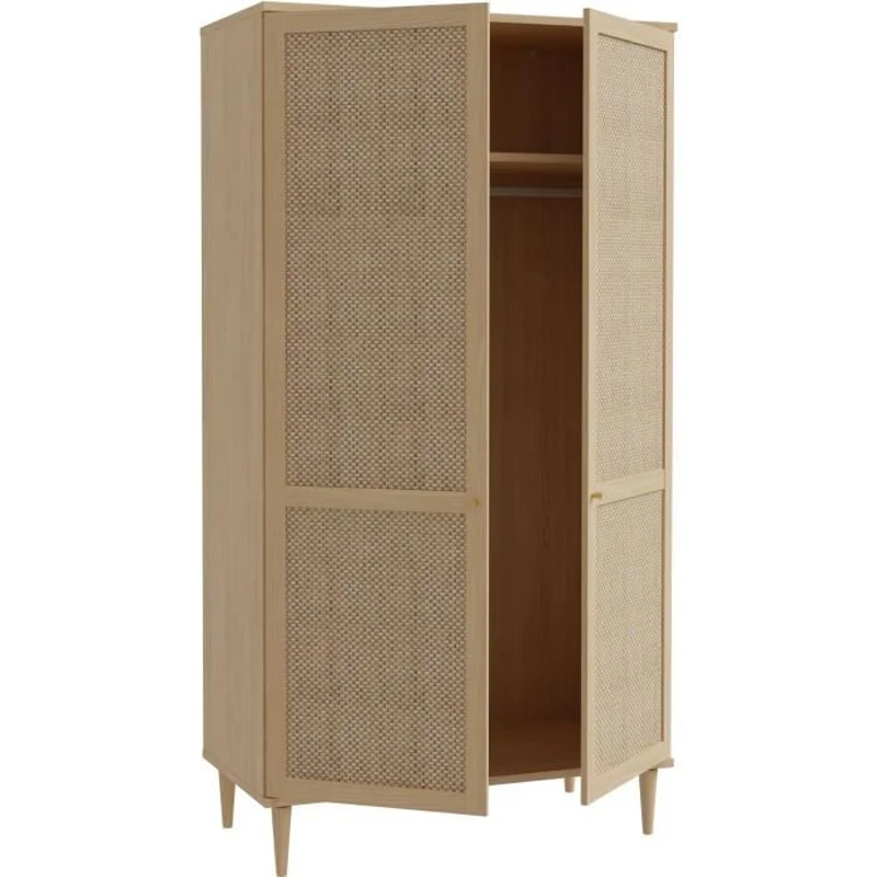Armoire de chambre - 2 portes battantes - Décor Chene - Cannage - L110 x H208 x P54 cm - CALASETTA