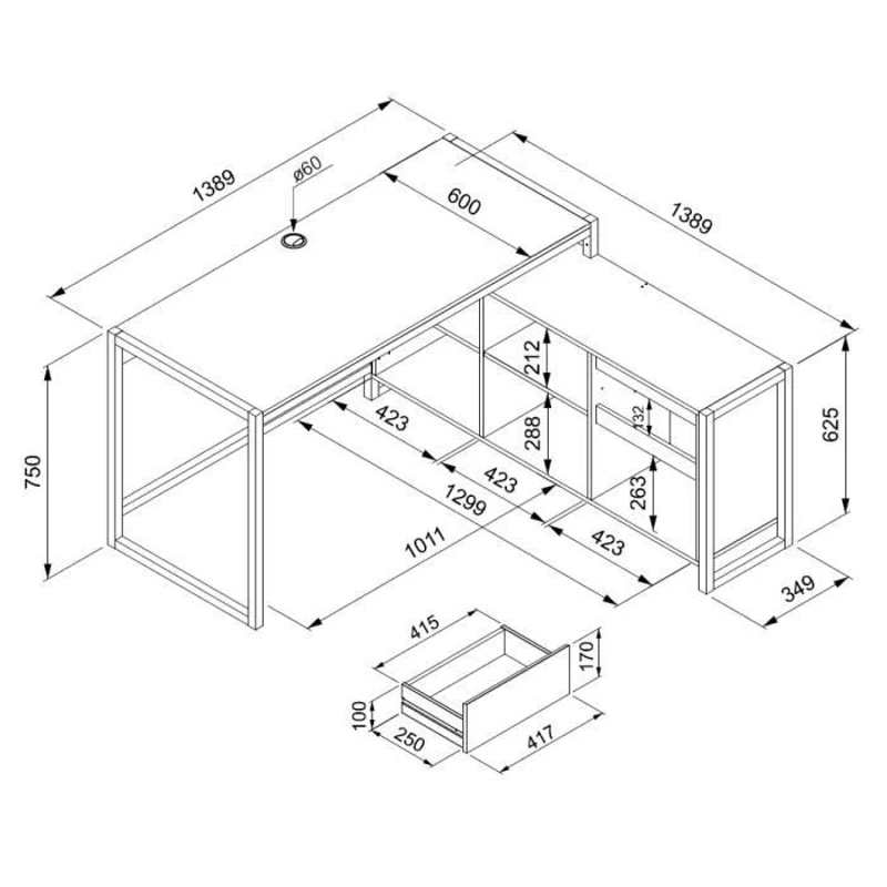 Bureau d'angle réversible Denver - Panneaux de particules - Coloris chene artisan, anthracite - 139 x 75 x 139 cm