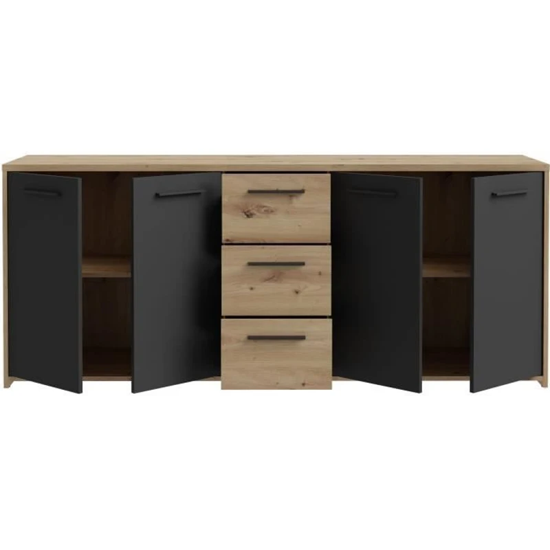 Buffet PILVI - Style contemporain - Particules mélaminé -Décor Chene artisan et Noir- 4 portes + 3 tiroirs - L179,2 x P42 x H74,5
