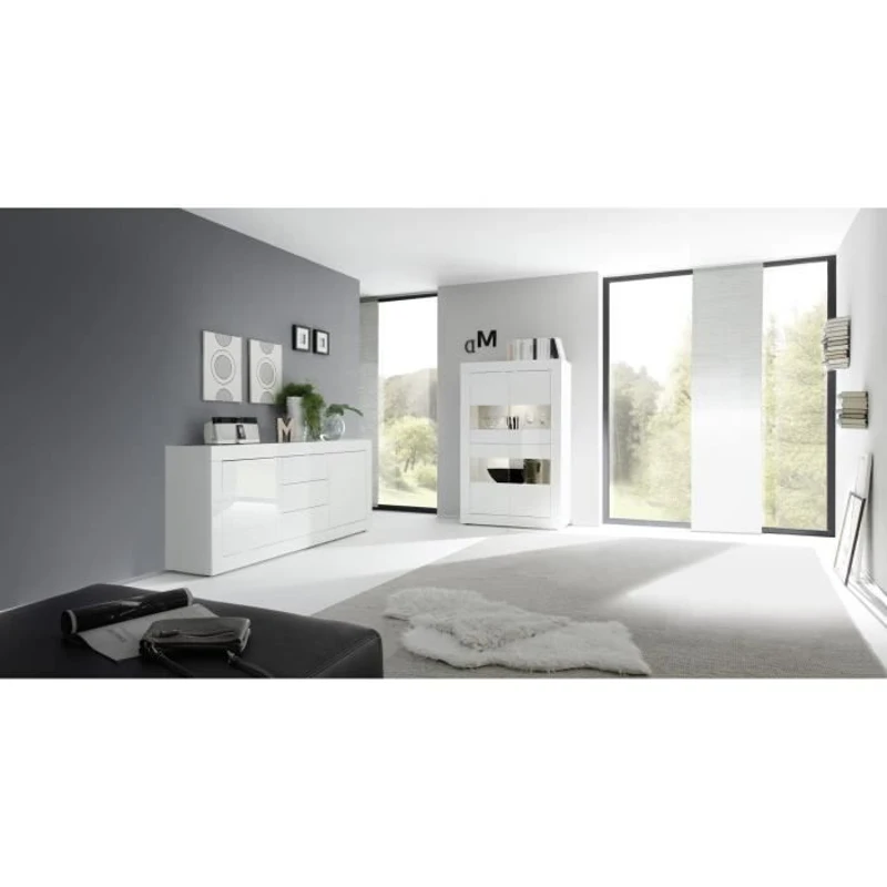 Buffet BASICO 2 Portes 3 Tiroirs Blanc Laqué brillant  - L210xP42xH85,8 cm