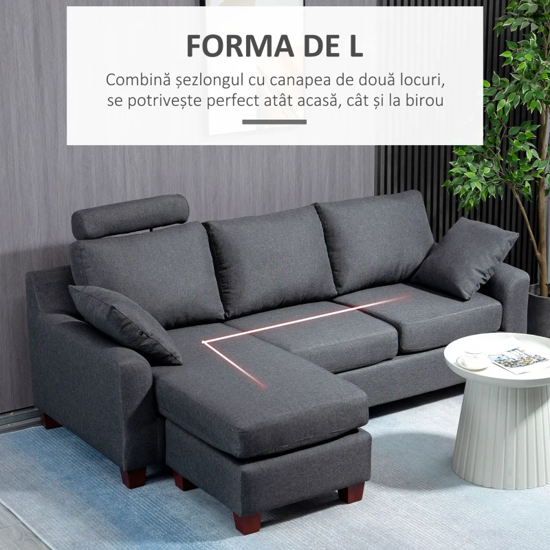 HOMCOM Canapea Gri inchis 3 Locuri – Cu Taburet si Perna(m-4)