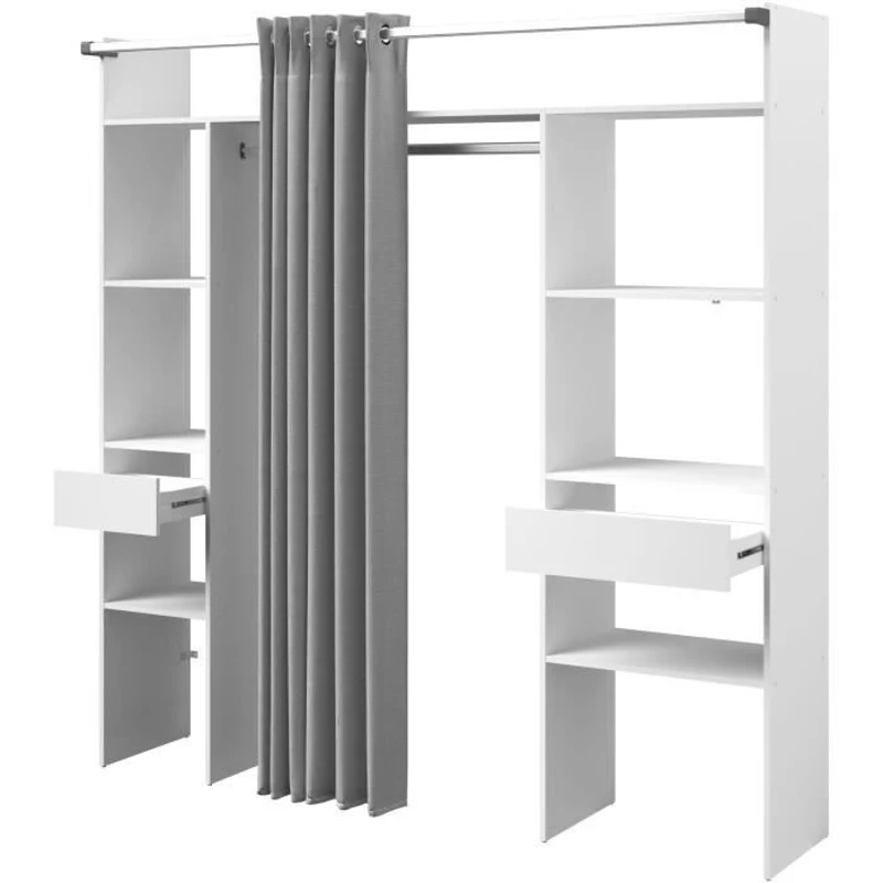 Kit dressing ARTIC avec rideau - Décor Blanc - 2 colonnes + 2 penderies + 2 tiroirs - L 198 x P 40 x H 203 cm - EKIPA