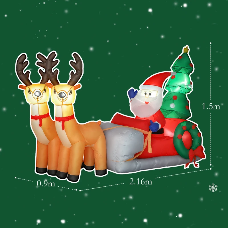 Outsunny Babbo Natale su slitta trainata da renne gonfiabile, in tessuto in poliestere, con luci LED, Multicolore