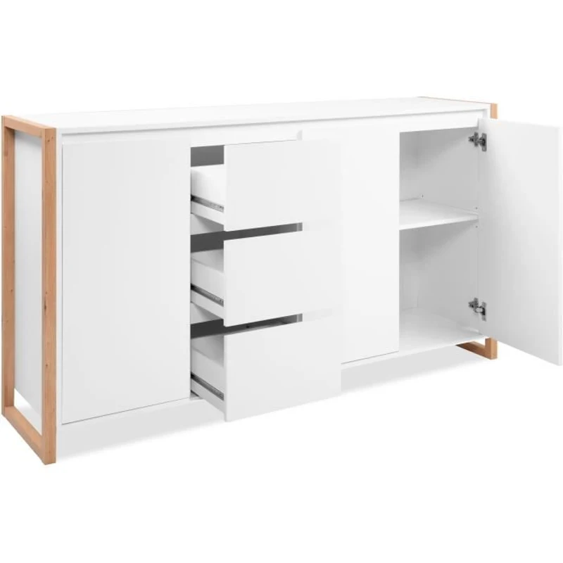 Buffet - DENVER - Chene artisan / Blanc - 3 portes - 3 tiroirs - 160 x 40 x 88 cm