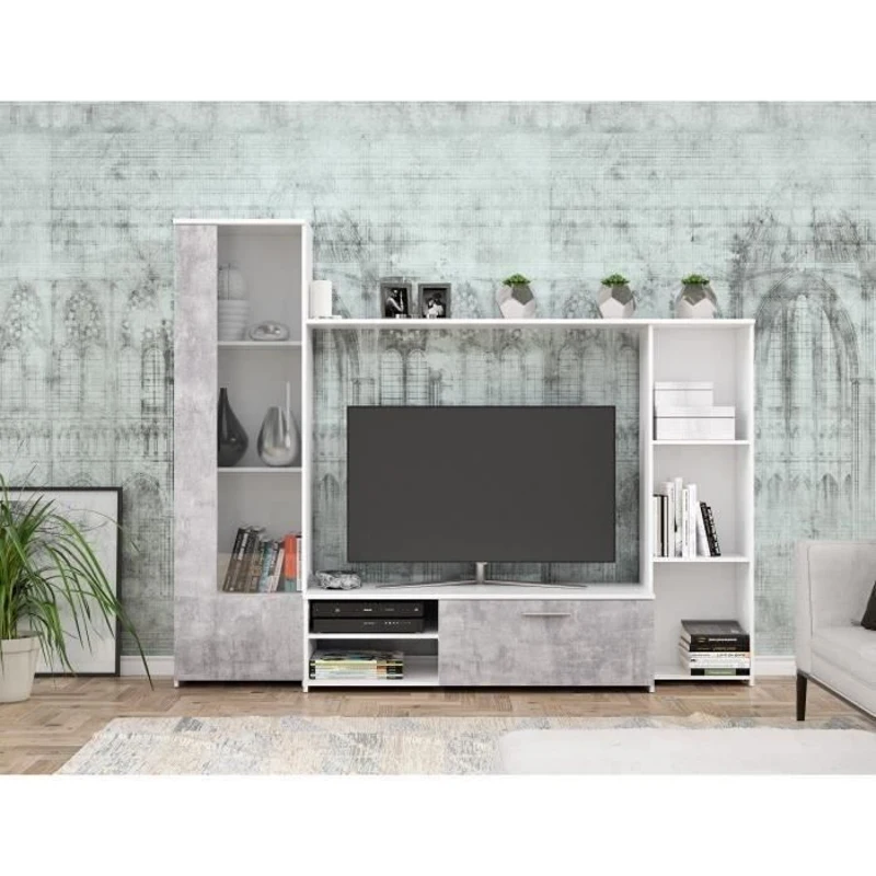 Meuble TV paroi murale - Blanc mat et béton clair - porte vitrée + 5 niches - Contemporain -  L 220,4 x P41,3 x H177,5 cm - PILVI