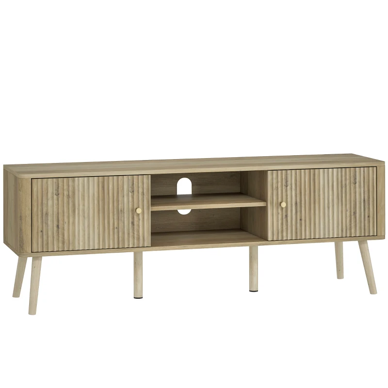 HOMCOM TV-Möbel, TV-Möbel bis 65 Zoll mit 2 Türen, 2 offenen Fächern, verstellbarer Regal, 140x35x49cm, Eiche