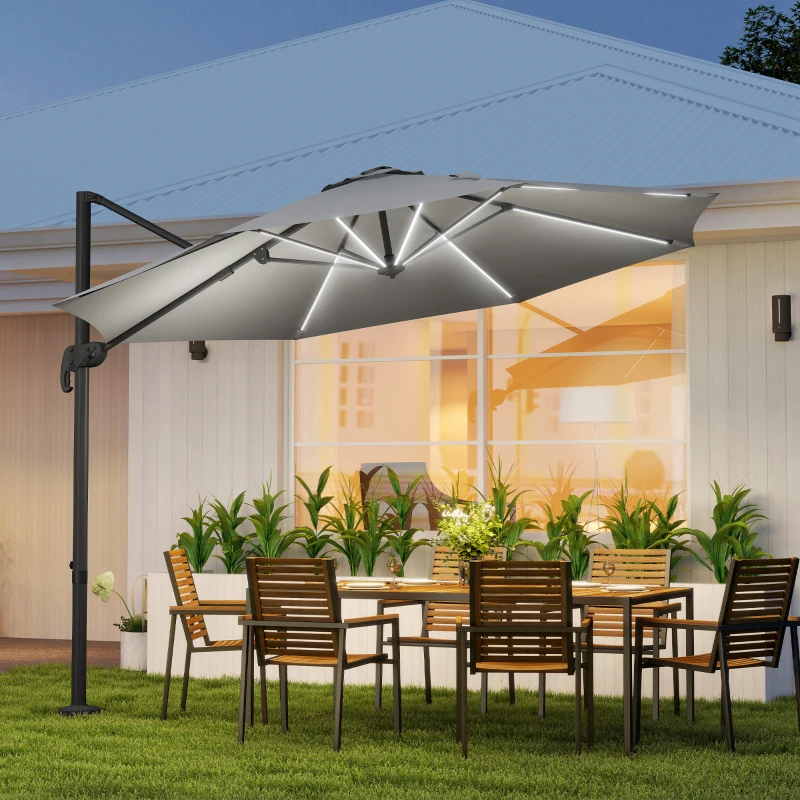 Outsunny 3(m) Adjustable Cantilever Parasol with Base, Solar LED Lights, Light Grey