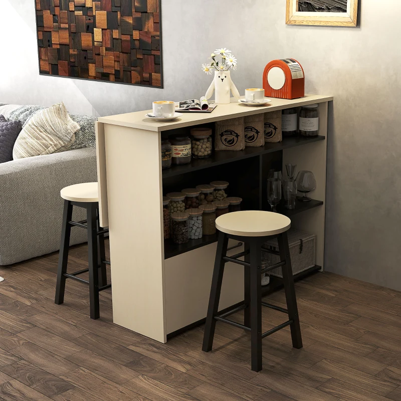 HOMCOM 3-dlg Barset, Bartafel met Inklapbaar Tafelblad, 2 Barkrukken, 6 Opbergruimtes, Zwart+Eiken, 116 x 70 x 89,5 cm