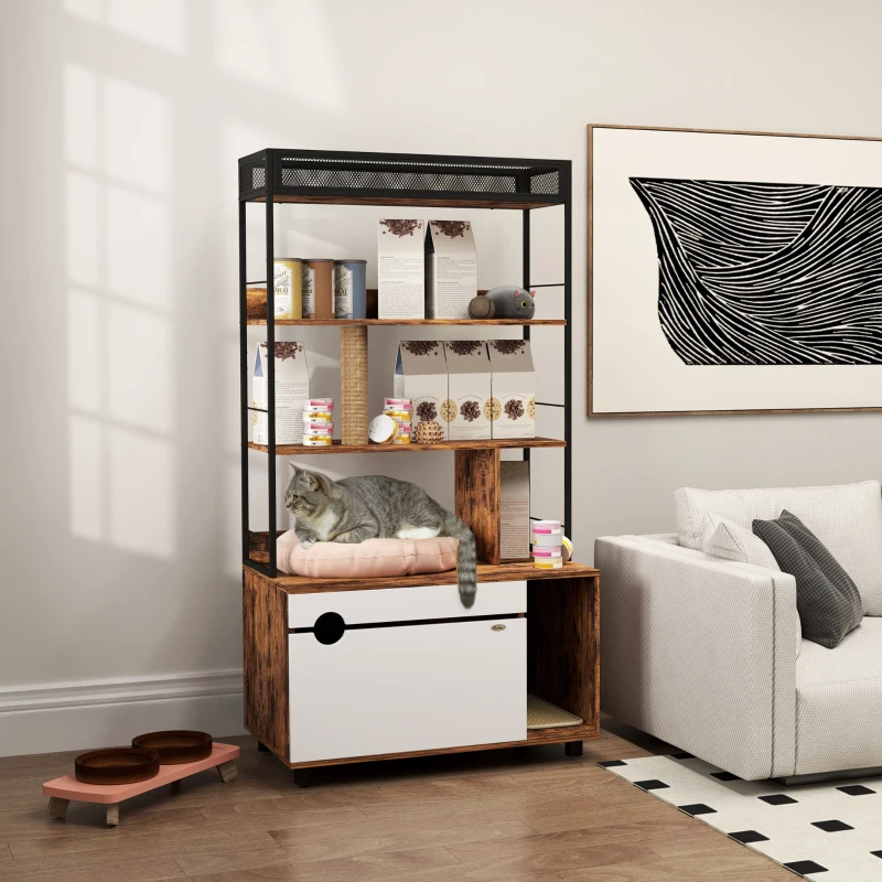 PawHut Kattenbak met 3-Niveau's Opbergrek en Krabpaal, Gesloten Kattenbak, 80 x 48 x 152 cm, Bruin